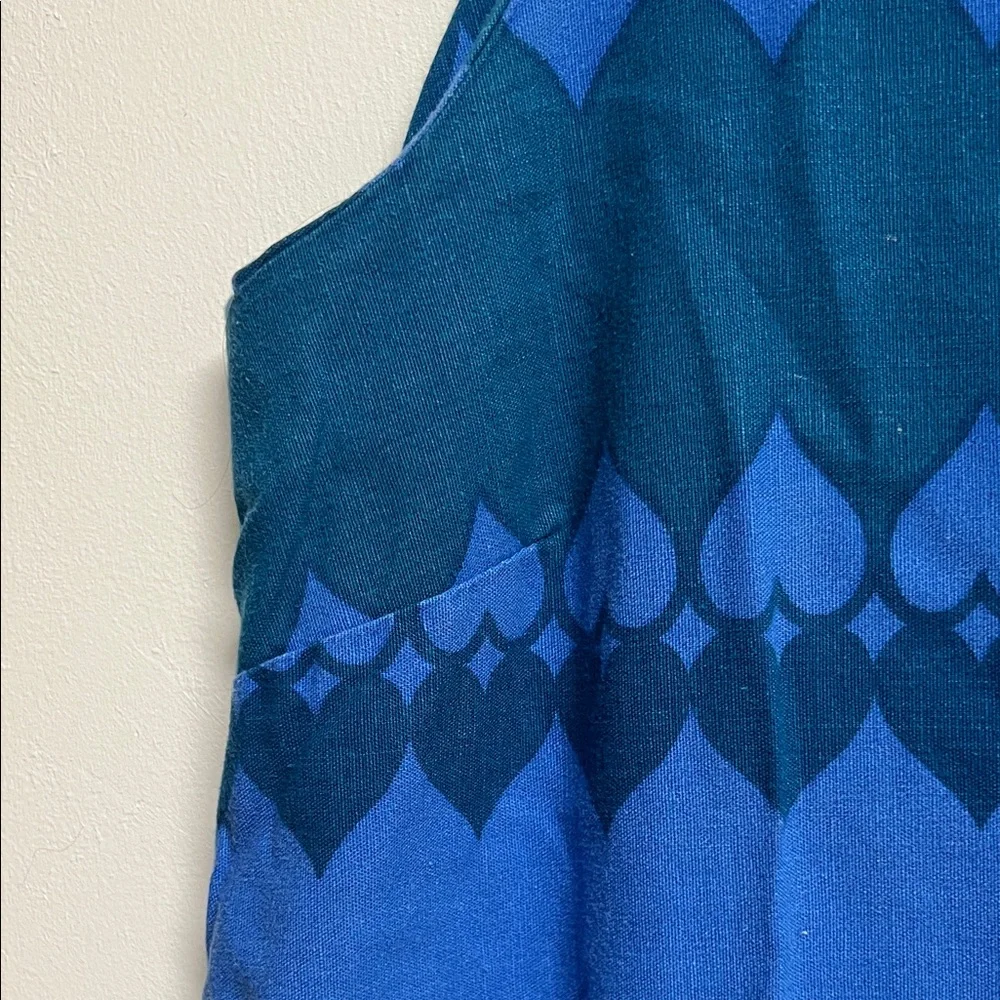 60s 70s Vintage Blue Heart Print Handmade Cotton Sleeveless Mini Dress M/L